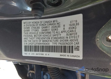 2019 Honda Civic Lx из США, поврежденный, VIN 2HGFC2F66KH580430